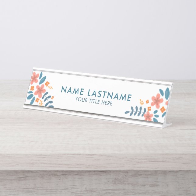 Stylish Feminine Fresh Pink Orange Blue Floral Desk Name Plate (Front)