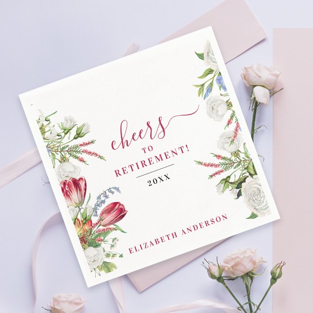 Stylish Feminine White Red Floral Cheers Retire Napkin (Creator Uploaded)