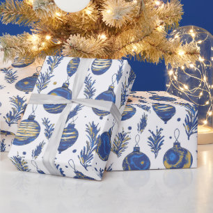 Stylish Festive Christmas Baubles Patterned Blue Wrapping Paper