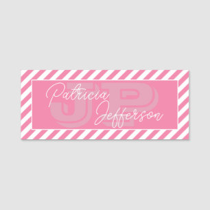 Stylish Flamingo Pink White Striped Girly Monogram Name Tag