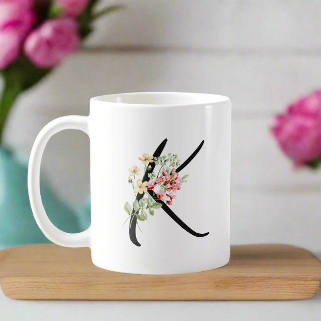 Stylish Floral Black Letter "K" Typography  Coffee Mug (Creator Uploaded)