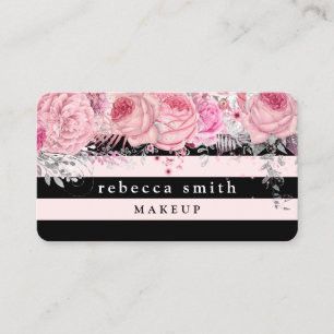 Stylish floral black pink stripes makeup artist business card
