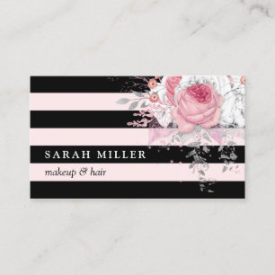 Stylish floral black white stripes makeup & hair business card