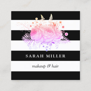 Stylish floral black white stripes makeup & hair square business card