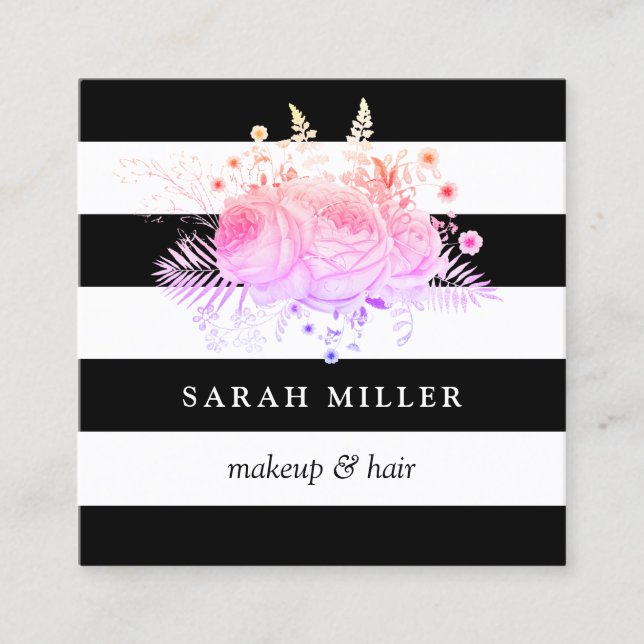 Stylish floral black white stripes makeup & hair square business card (Front)