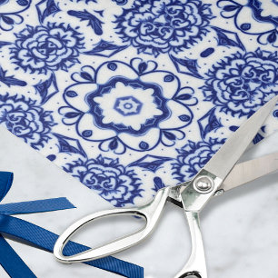 Stylish Floral Blue on White Painted Pottery Style Tissue Paper