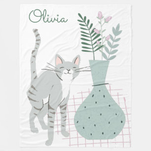 Stylish Floral Cat Lover Illustration Personalised Fleece Blanket