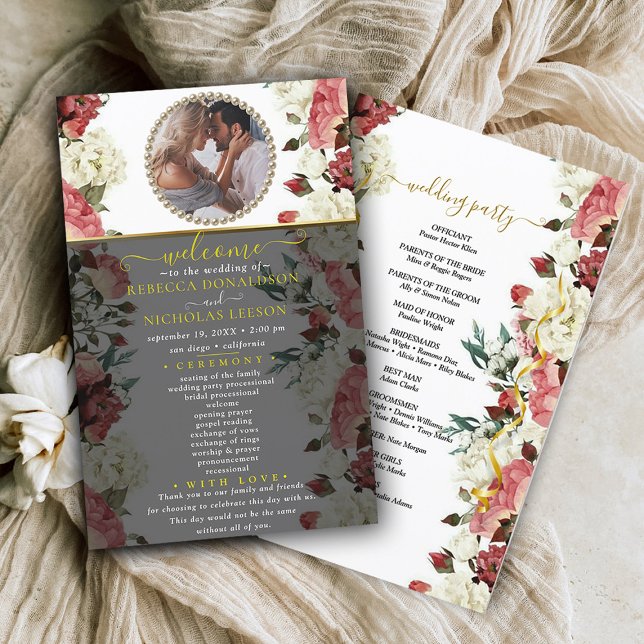 Stylish Floral Custom Photo Wedding Program (Creator Uploaded)