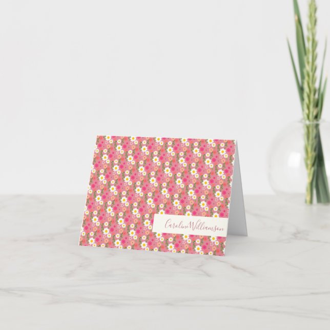 Stylish Floral Daisy Pattern in Pink Personalised Note Card (Front)