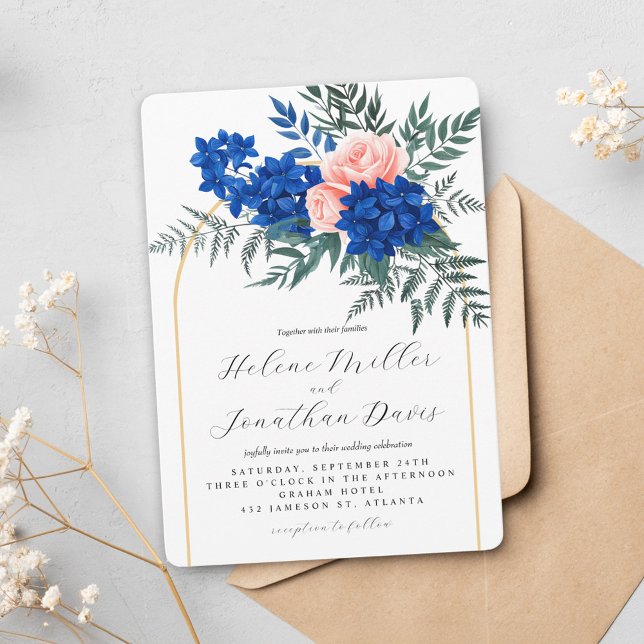 Stylish Floral Elegant Cobalt Blue Pink Wedding Invitation (Stylish Floral Elegant Cobalt Blue Pink Wedding Invitation)