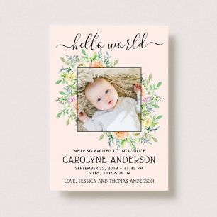 Stylish Floral Frame Photo Birth Announcement