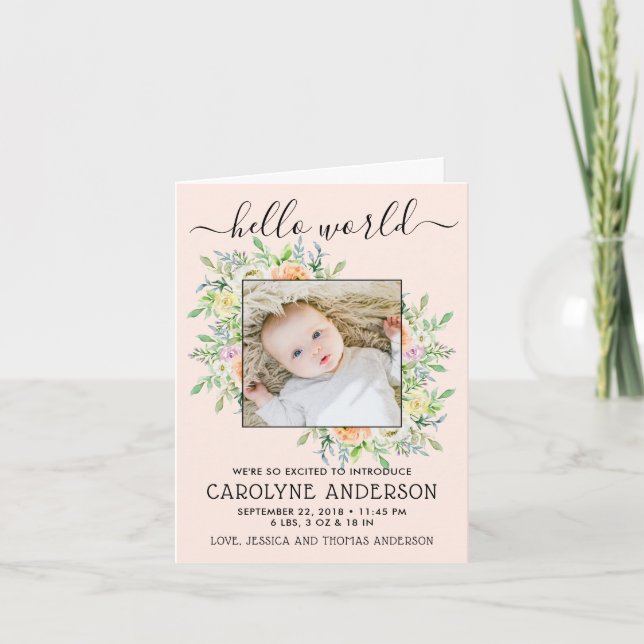 Stylish Floral Frame Photo Birth Announcement (Front)