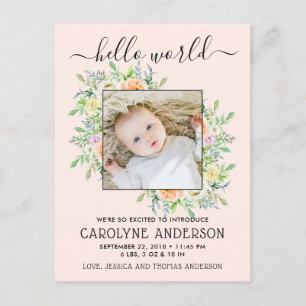 Stylish Floral Frame Photo Birth Announcement Postcard
