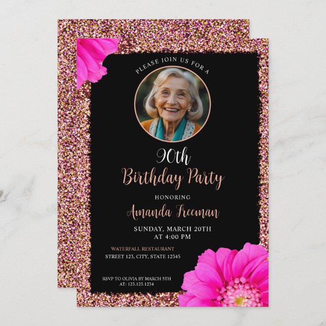 Stylish Floral Glitter 90th Birthday Invitation (Front/Back)