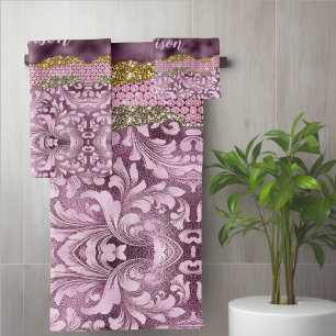 Stylish floral glittery Purple pink gold monogram Bath Towel Set
