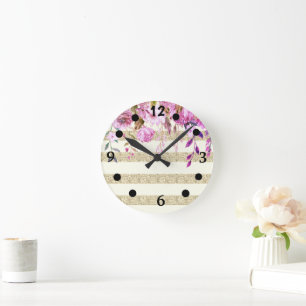 Stylish Floral Gold Striped Round Clock