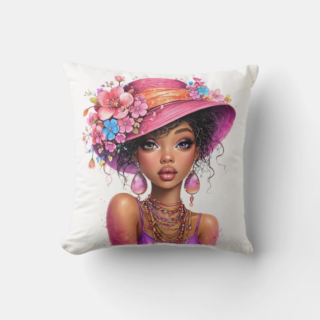 Stylish Floral Hat Woman Vibrant Portrait Art Cushion (Front)