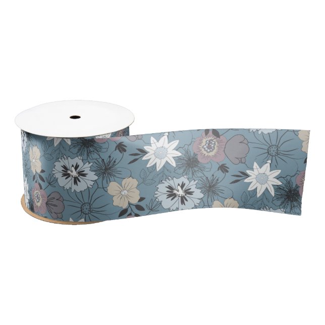 Stylish Floral Illustration  Blue and Rose Pattern Satin Ribbon (Spool)