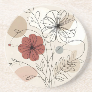 Stylish Floral Line Art Terracotta & Neutral Tones Coaster