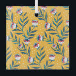 Stylish Floral Motif with Dots and Green Leaves Glass Tree Decoration<br><div class="desc">Floral pattern on a yellow background with white dots. Features stylized red,  white,  and blue flowers and green leaves,  creating a lively,  vibrant feel.</div>