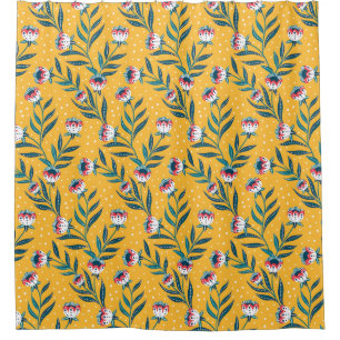 Stylish Floral Motif with Dots and Green Leaves Shower Curtain