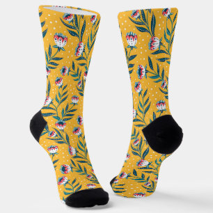 Stylish Floral Motif with Dots and Green Leaves Socks