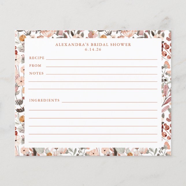 Stylish Floral Neutrals Pretty Border Recipe Card (Front)