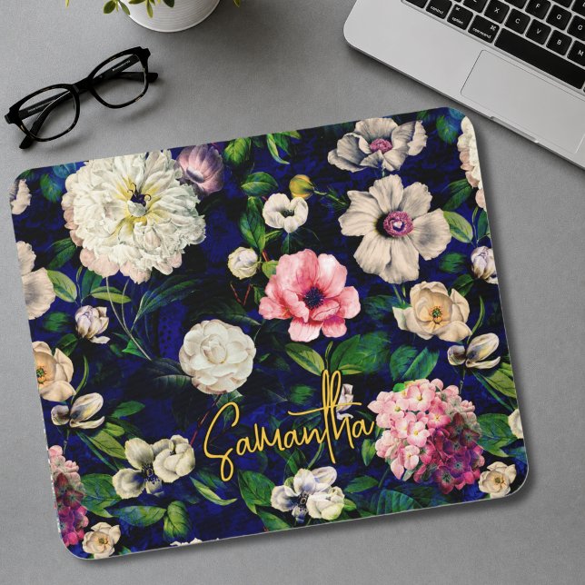 Stylish floral pink flowers blue monogram pattern mouse pad (Creator Uploaded)