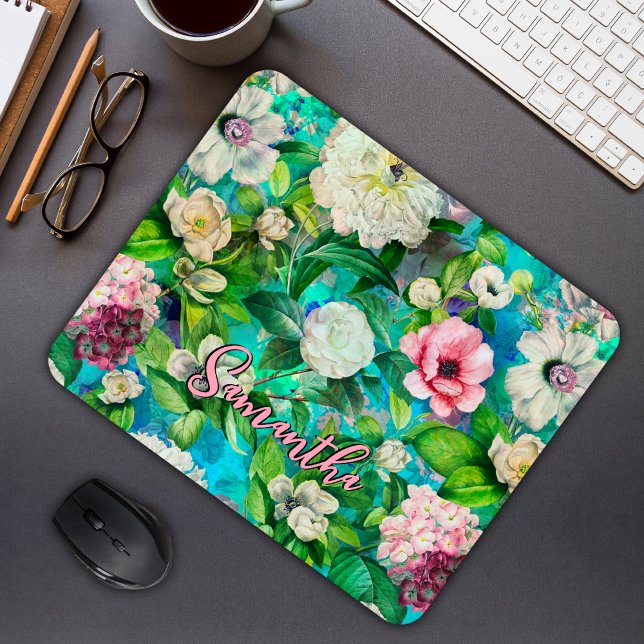 Stylish floral pink flowers blue monogram pattern mouse pad (Creator Uploaded)
