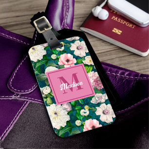 Stylish floral pink flowers green monogram pattern luggage tag