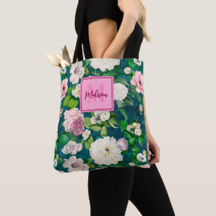 Stylish floral pink flowers green monogram pattern tote bag
