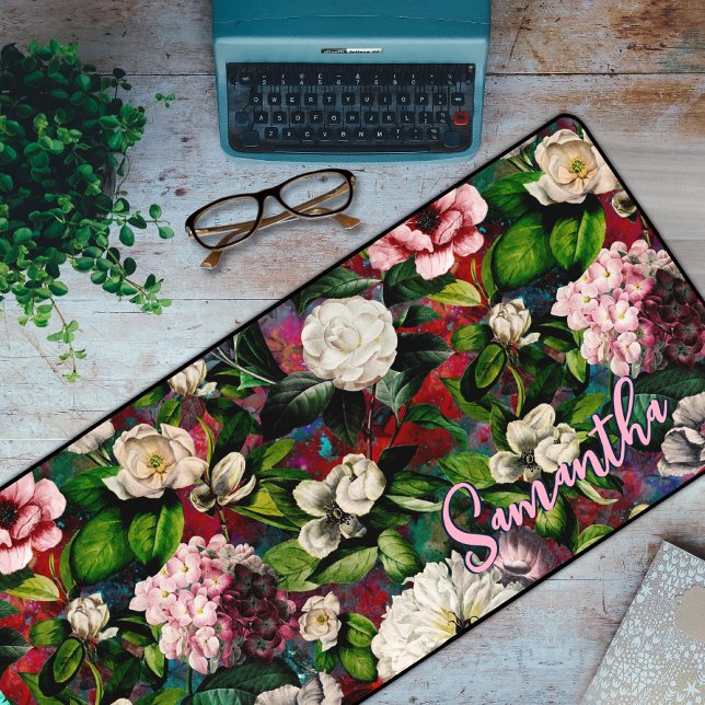 Stylish floral pink flowers red monogram pattern desk mat (Creator Uploaded)