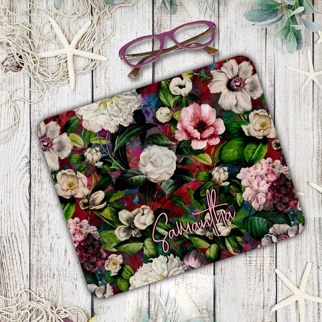Stylish floral pink flowers red monogram pattern mouse pad (Creator Uploaded)