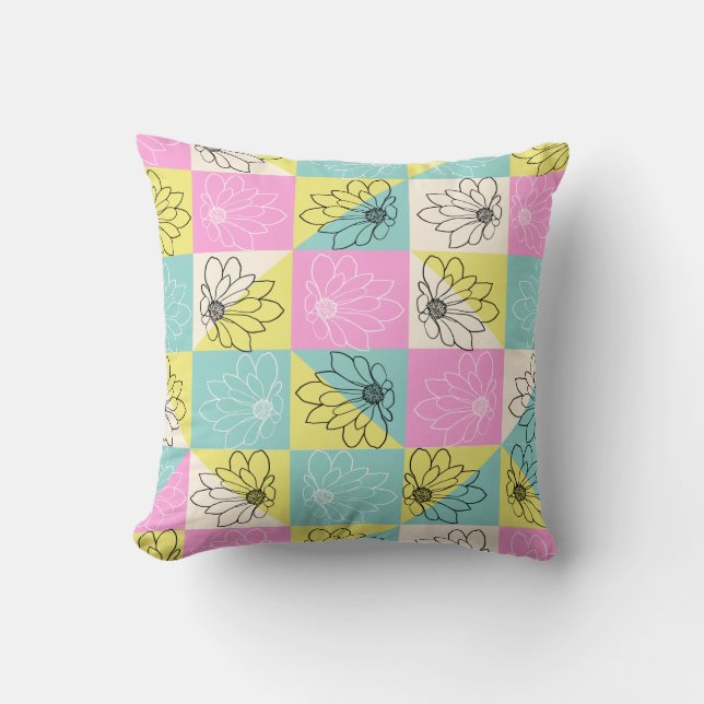 Stylish Floral pink teal & yellow Pastel Chequered Cushion (Front)