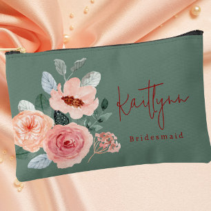 Stylish Floral Sage Green & Orange Peach Script Accessory Pouch