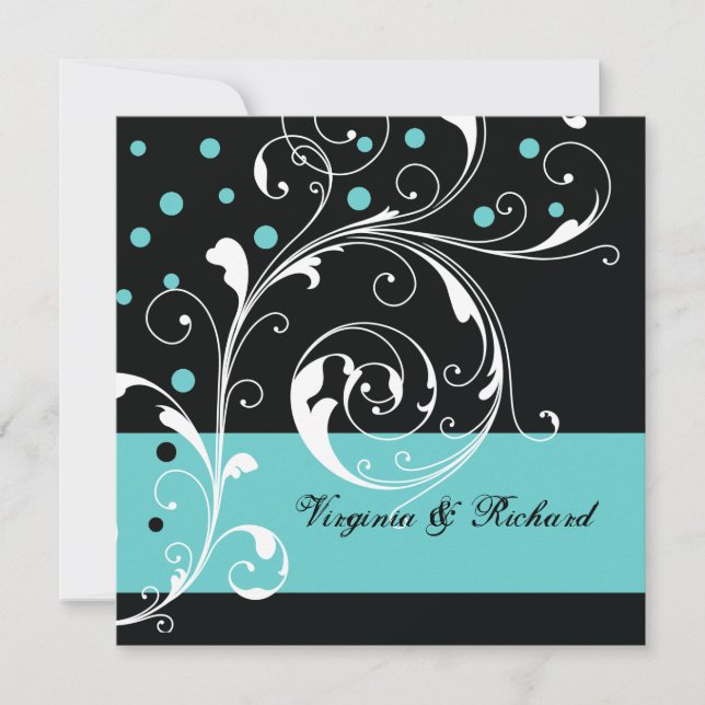 Stylish floral scrollwork black, aqua wedding invitation (Front)