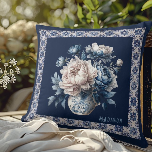 Stylish floral vase Blue chinoiserie monogram Cushion (Creator Uploaded)