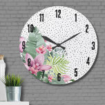 Stylish Floral Watercolor Tropical Large Clock<br><div class="desc">A tropical design that embraces the tranquil beauty of nature mixed with a playful edge. A blend of calming green tropical leaves, including banana leaves, palms, monstera leaves, and pink princessa plants, alongside soothing purple-pink orchid flowers and protea bloom, intertwined with various other foliage. Adding an element of fun, a...</div>