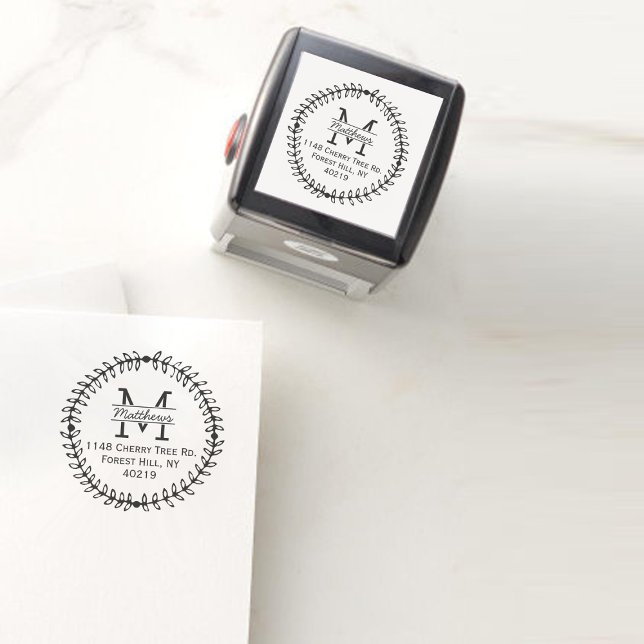 Stylish Floral Wreath Custom Monogram Self-inking Stamp (Creator Uploaded)