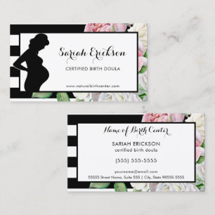 Stylish Flowers and Stripes Maternity Birth Doula Business Card