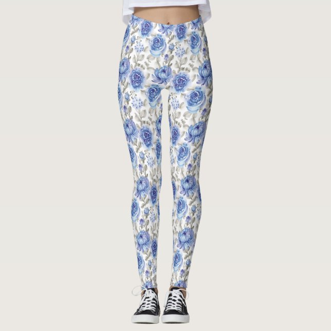Stylish flowers Blue and grey Botanical pattern Leggings (Front)