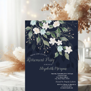 Stylish Flowers Navy Blue Retirement Invitation