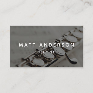 Stylish Flute Musician Minimal Grey Business Card