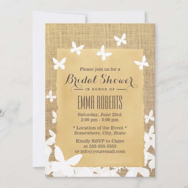 Stylish Flying Butterflies Burlap Bridal Shower Invitation (Front)