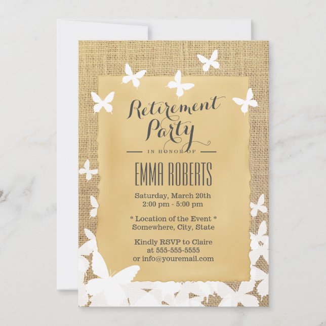 Stylish Flying Butterflies Burlap Retirement Invitation (Front)
