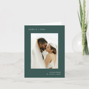 Stylish Forest Green Photo Minimalist Wedding Thank You Card