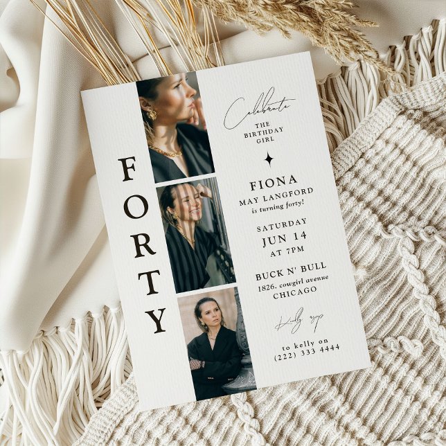 Stylish FORTY Photo Strip 40th Birthday  Invitation (Creator Uploaded)