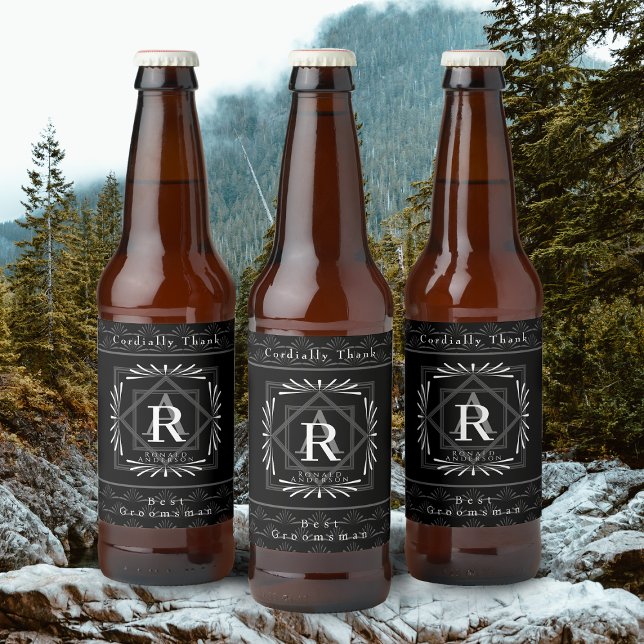 Stylish Frame Black Monogram  Beer Bottle Label (Modern stylish Monogram Design. )