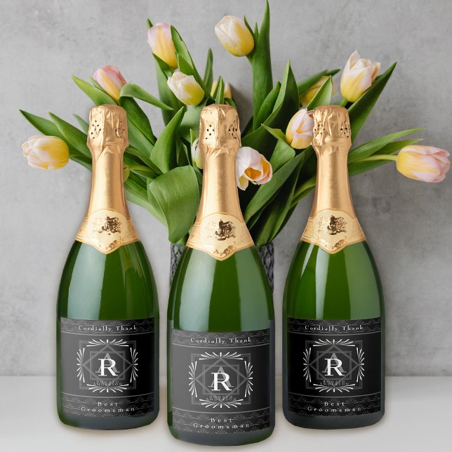 Stylish Frame Black Monogram  Sparkling Wine Label (Modern stylish Monogram Design. )