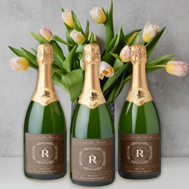 Stylish Frame Brown Monogram  Sparkling Wine Label (Modern stylish Monogram Design. )